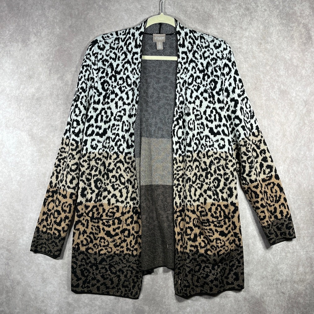 Chico's Cardigan Sweater Womens Size 2 US Large Ombre Cheetah‎ Print Open Front